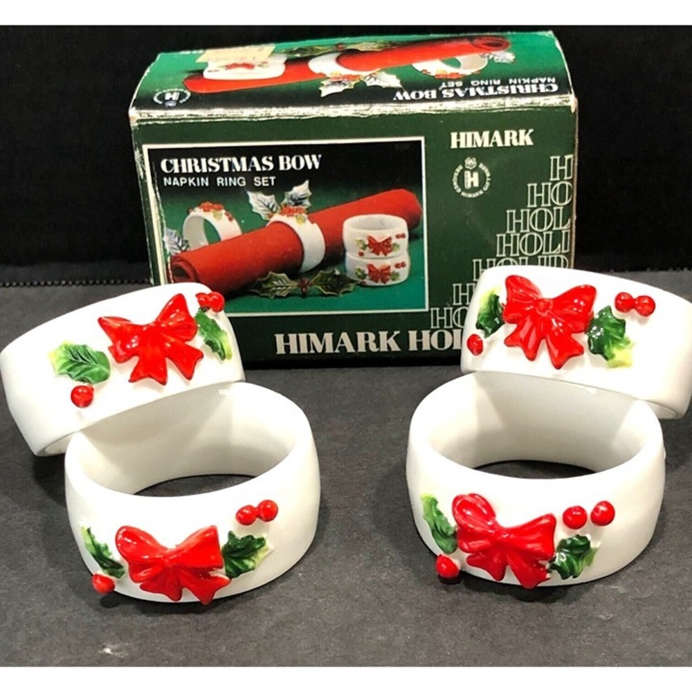 Vintage Porcelain Christmas Napkin Ring Set of 4 Dining Table Holly 2" 1984